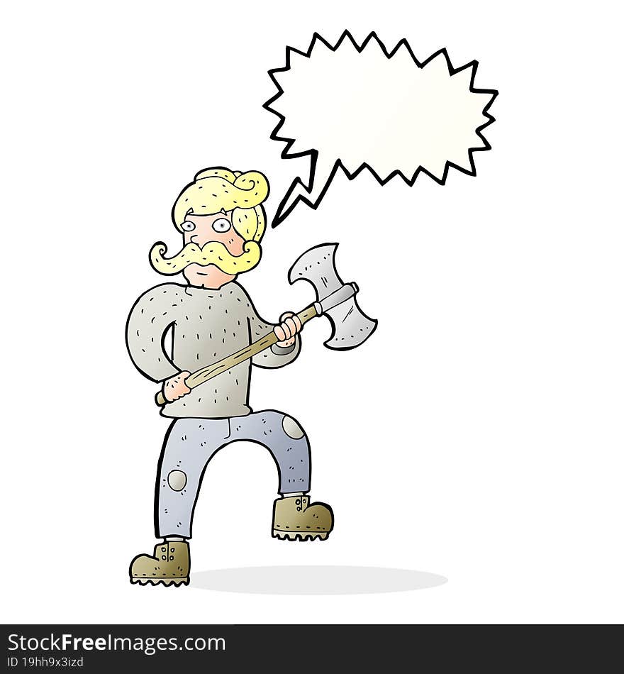 cartoon man with axe with speech bubble