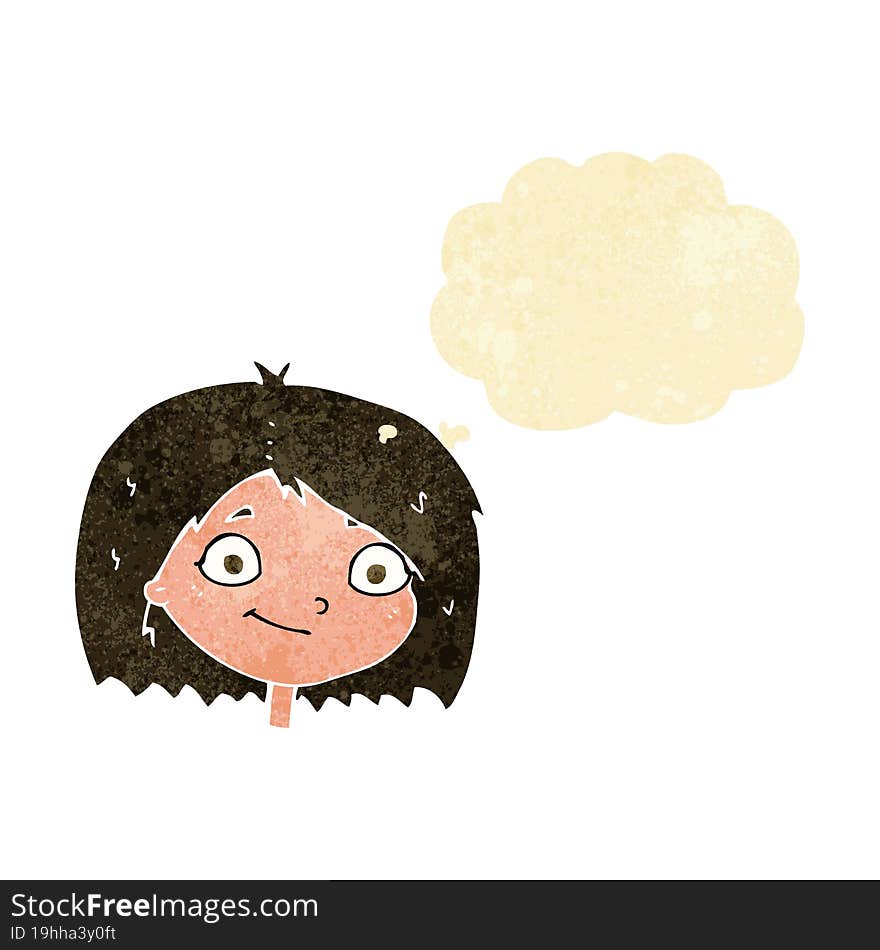 cartoon happy female face with thought bubble