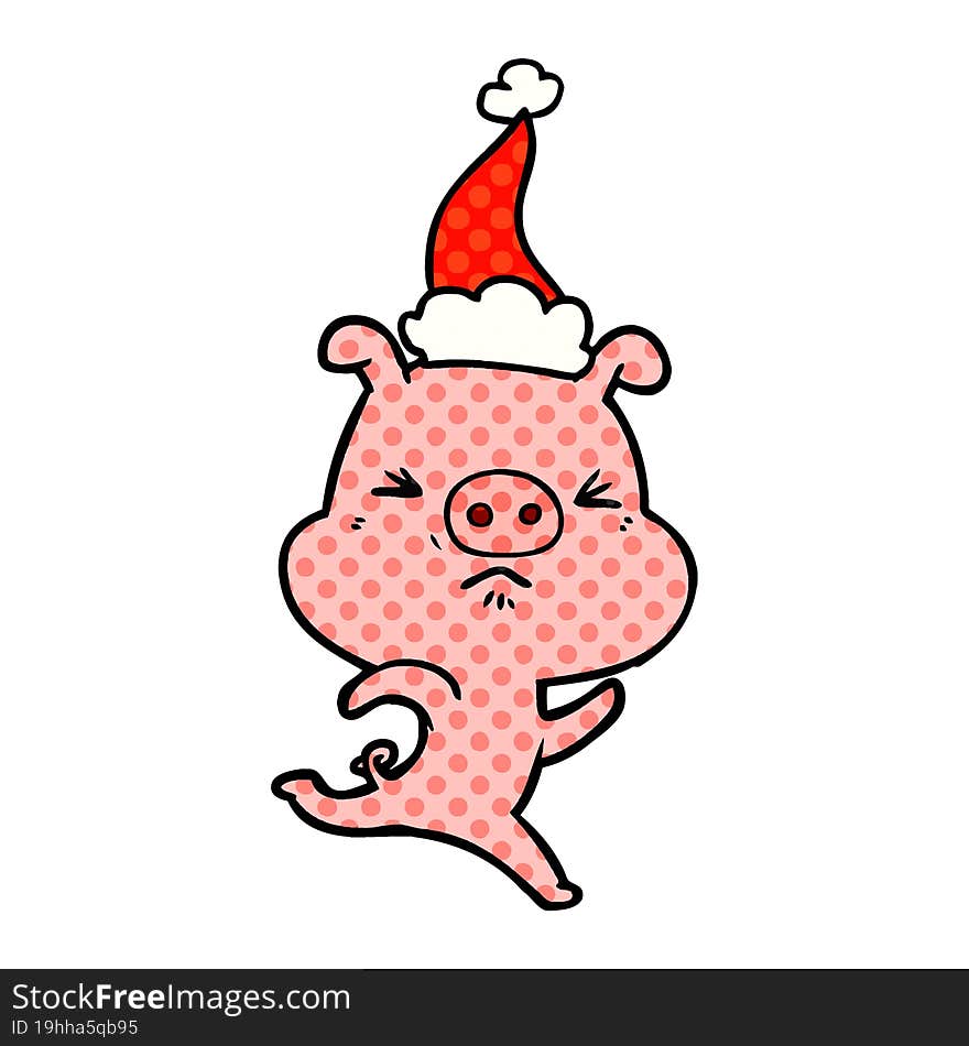 Comic Book Style Illustration Of A Annoyed Pig Running Wearing Santa Hat