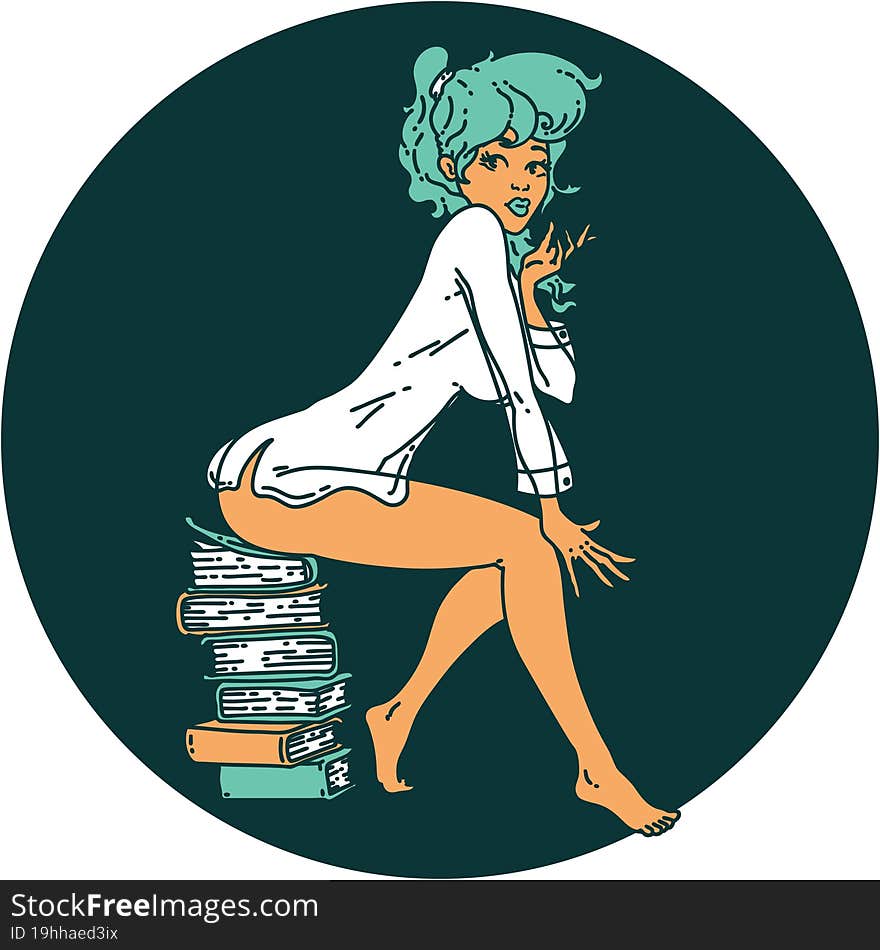 Tattoo Style Icon Of A Pinup Girl Sitting On Books