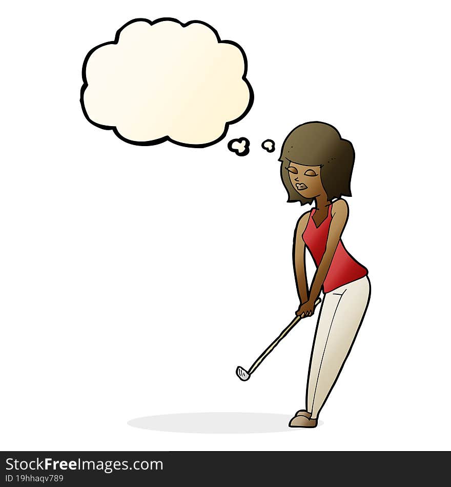 cartoon woman playing golf with thought bubble