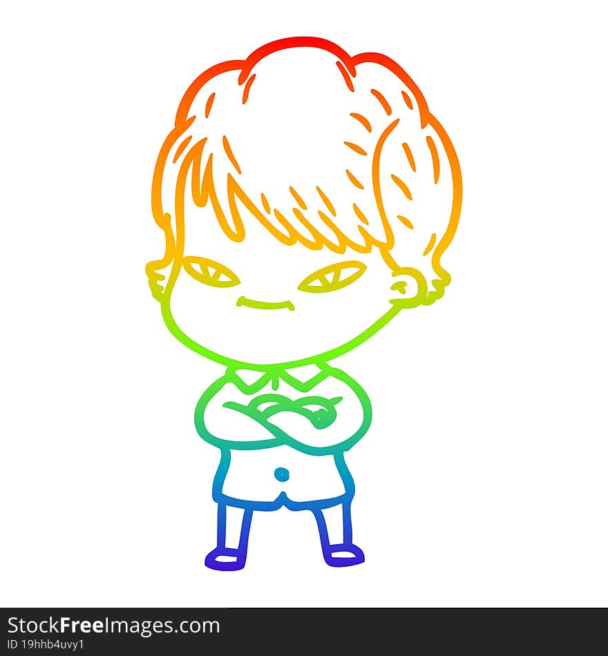 rainbow gradient line drawing of a cartoon happy woman