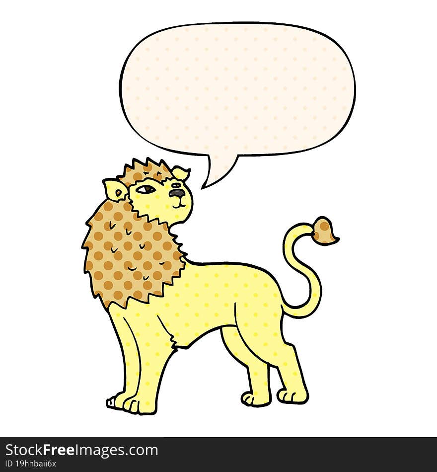 cartoon lion and speech bubble in comic book style