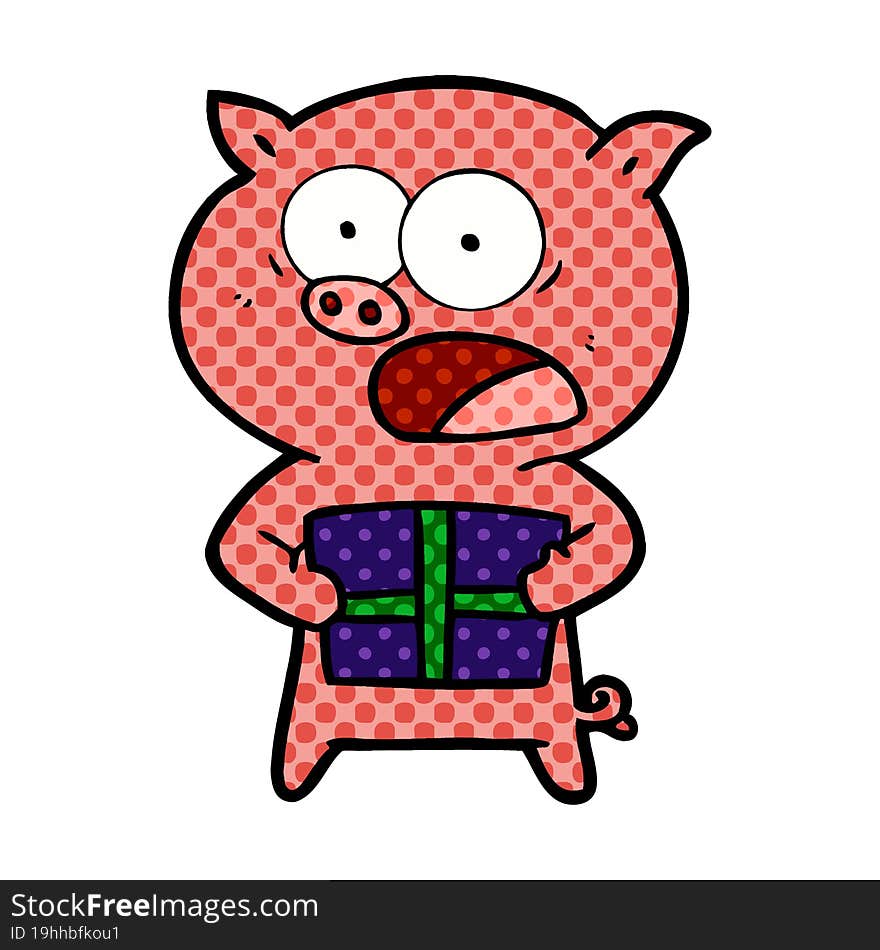 cartoon pig with christmas present. cartoon pig with christmas present