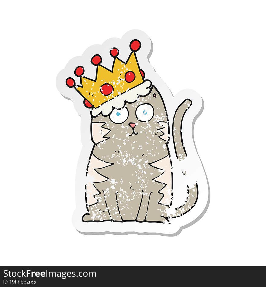 retro distressed sticker of a cartoon cat with crown