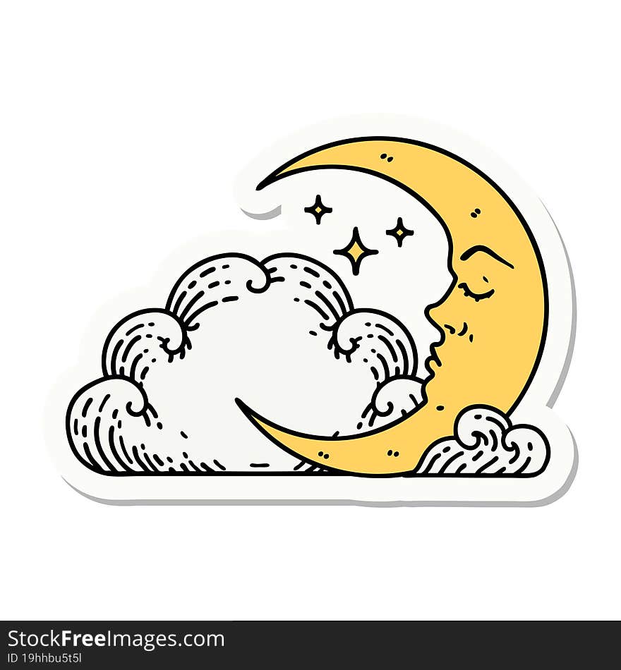 Tattoo Style Sticker Of A Crescent Moon And Clouds