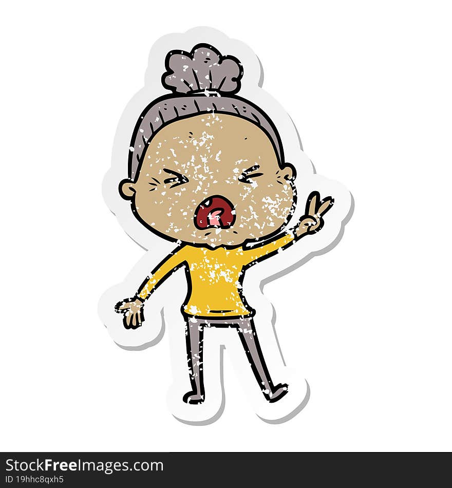 Distressed Sticker Of A Cartoon Angry Old Woman