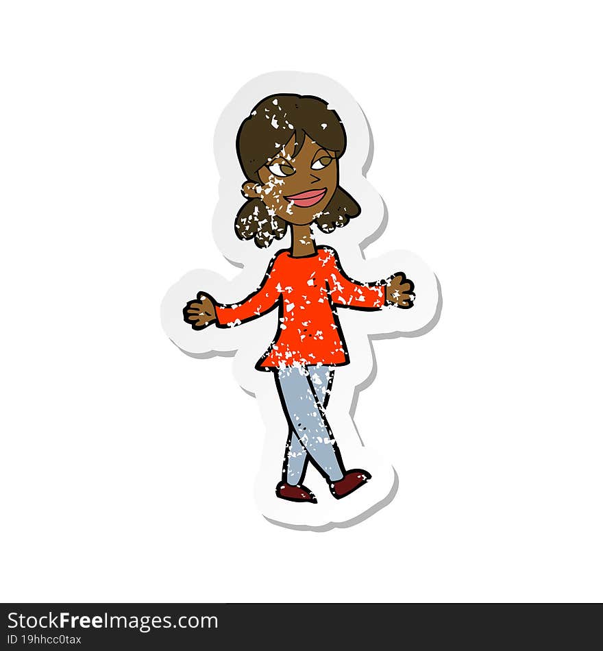 retro distressed sticker of a cartoon woman with no worries