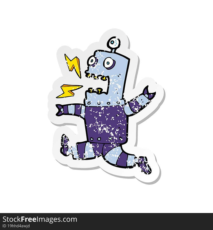 retro distressed sticker of a cartoon terrified robot