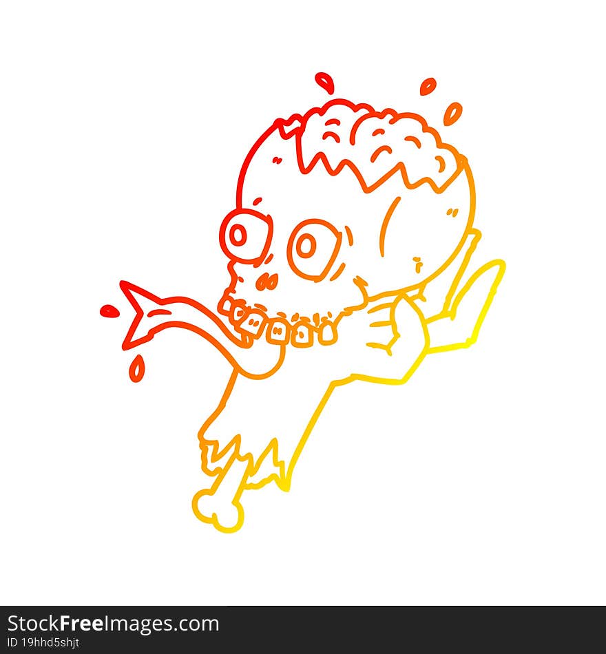 warm gradient line drawing of a cartoon halloween skull in zombie hand