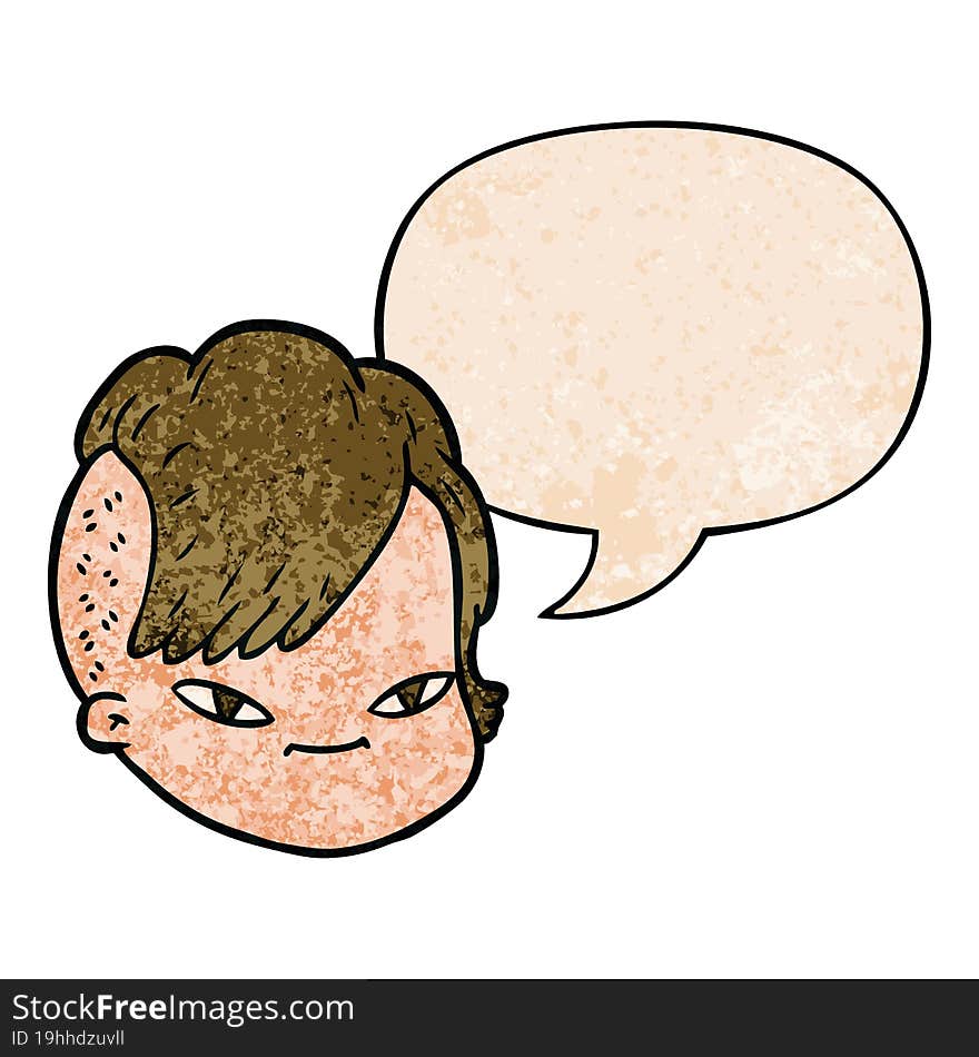 cartoon female face and speech bubble in retro texture style