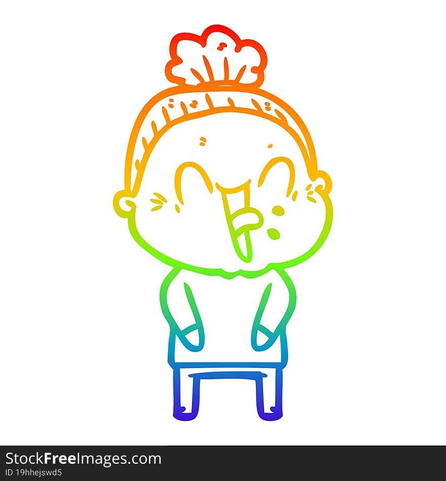 rainbow gradient line drawing of a cartoon happy old woman