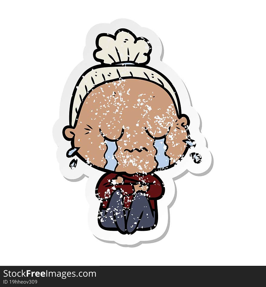 Distressed Sticker Of A Cartoon Crying Old Lady