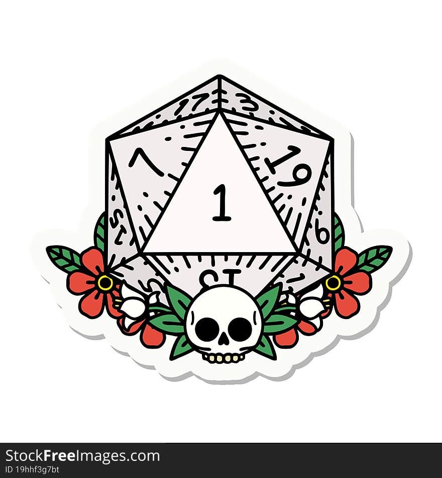 sticker of a natural one dice roll with floral elements. sticker of a natural one dice roll with floral elements