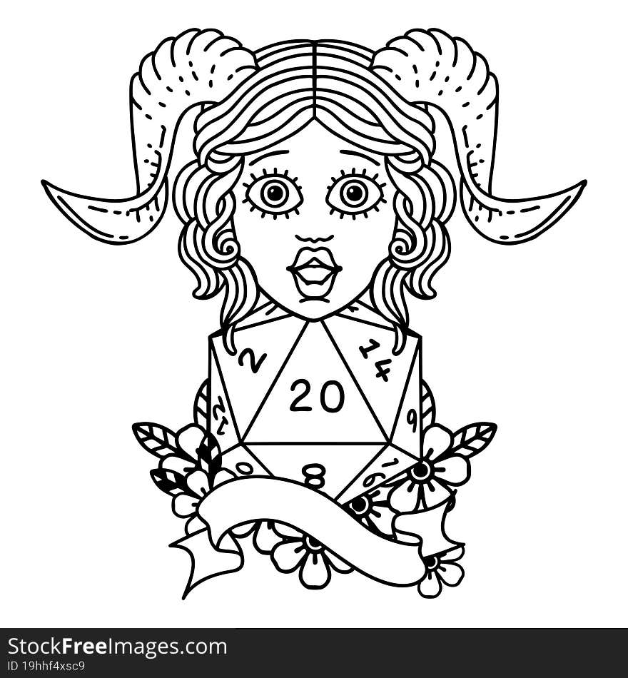 Black and White Tattoo linework Style tiefling with natural twenty dice roll. Black and White Tattoo linework Style tiefling with natural twenty dice roll