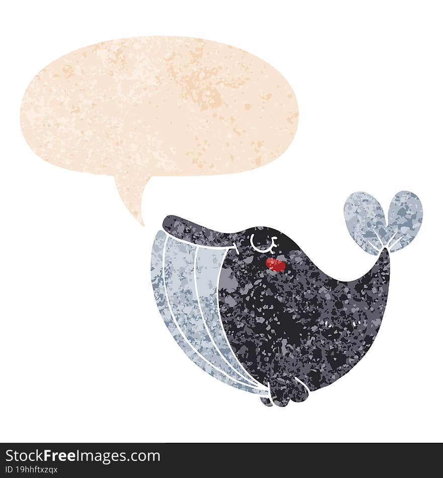 cartoon whale and speech bubble in retro textured style