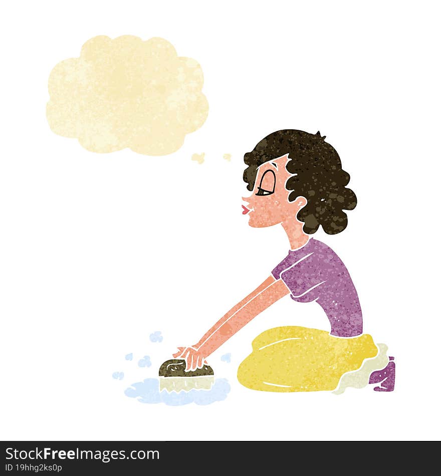 cartoon woman scrubbing floor with thought bubble