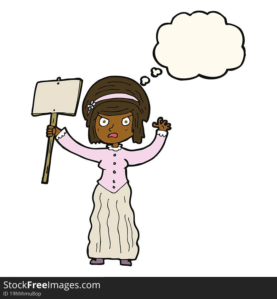 cartoon Victorian woman protesting with thought bubble