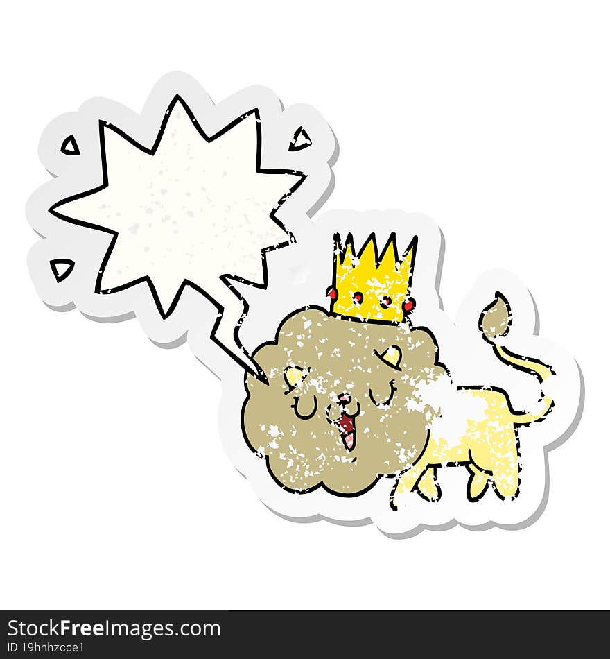 Cartoon Lion And Crown And Speech Bubble Distressed Sticker