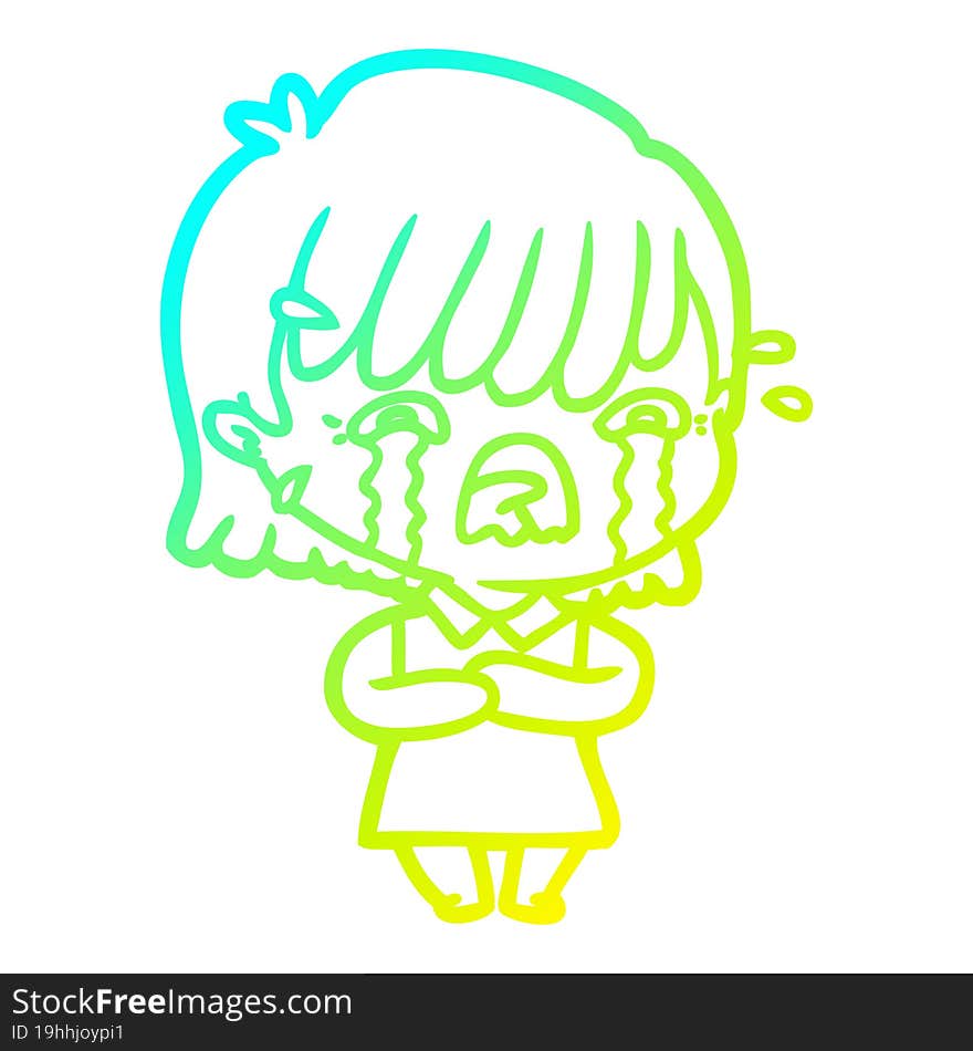 cold gradient line drawing of a cartoon girl crying