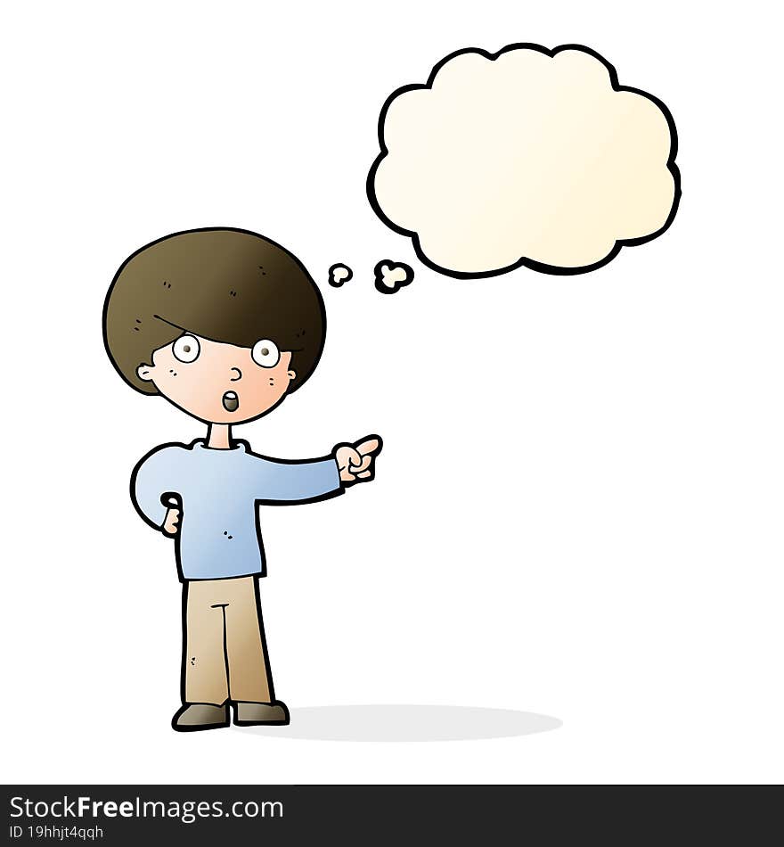 cartoon pointing boy with thought bubble