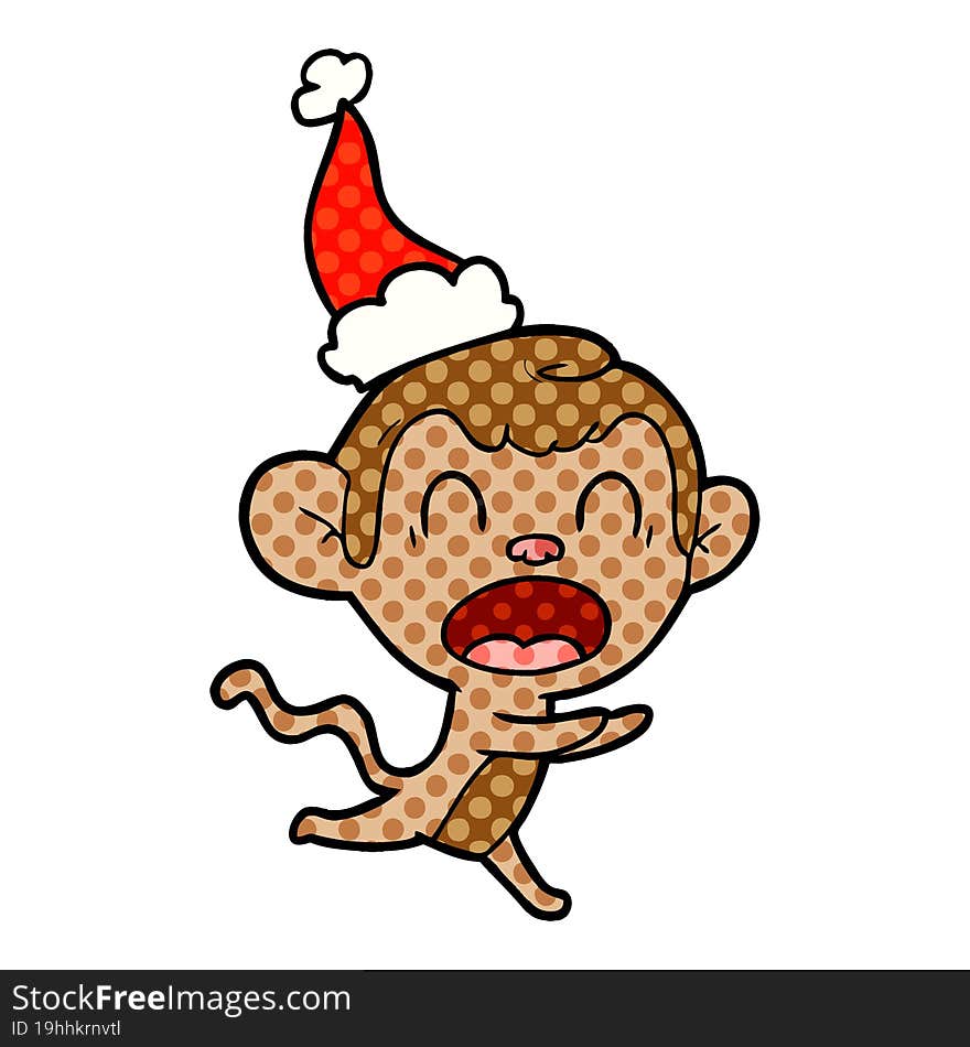 shouting comic book style illustration of a monkey wearing santa hat