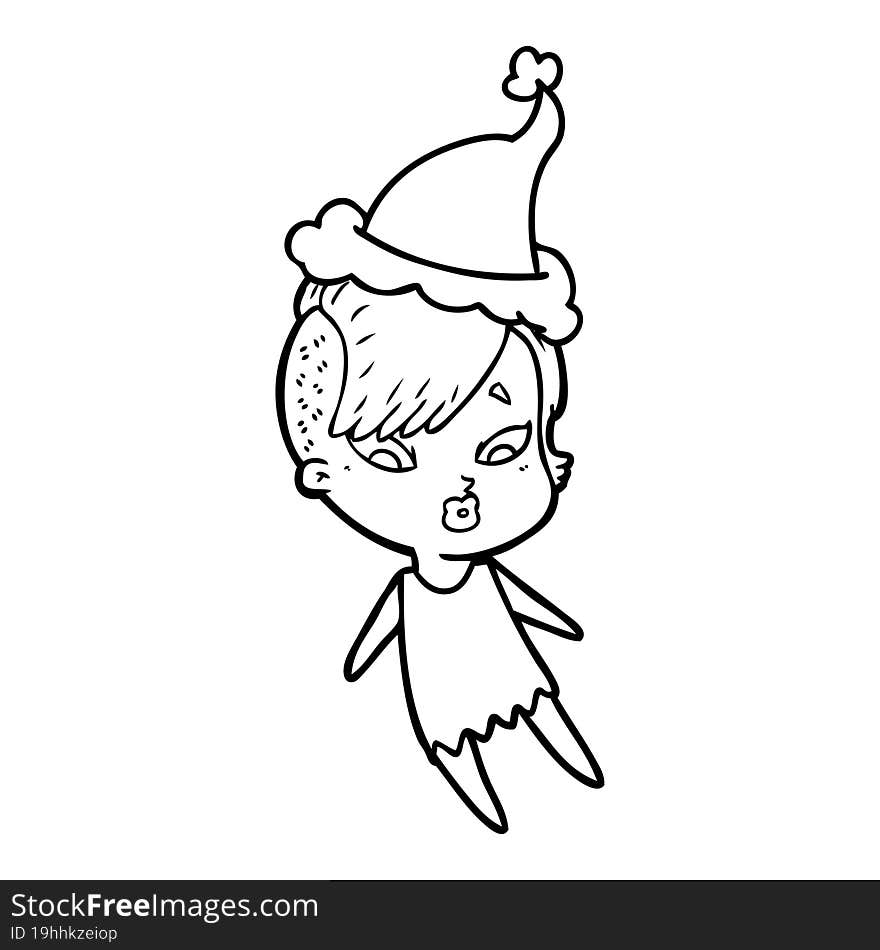 line drawing of a surprised girl wearing santa hat