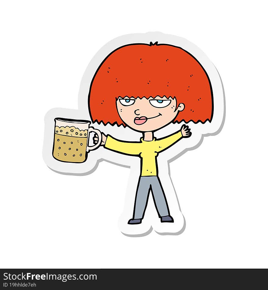 sticker of a cartoon woman with mug of beer