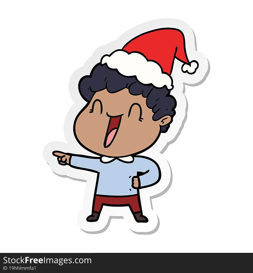 hand drawn sticker cartoon of a happy man wearing santa hat