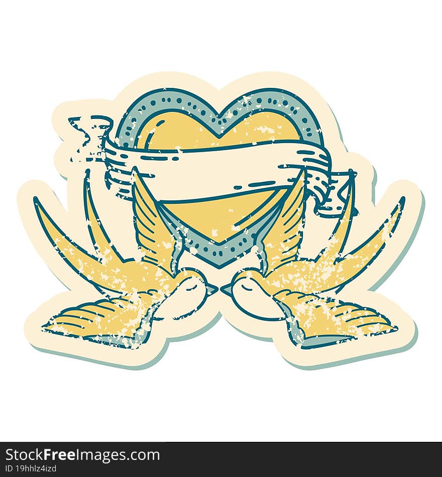 distressed sticker tattoo style icon of a swallows and a heart with banner