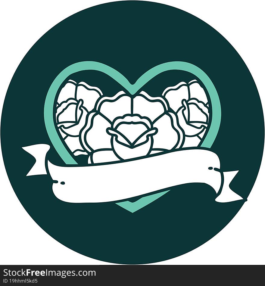 Tattoo Style Icon Of A Heart And Banner With Flowers