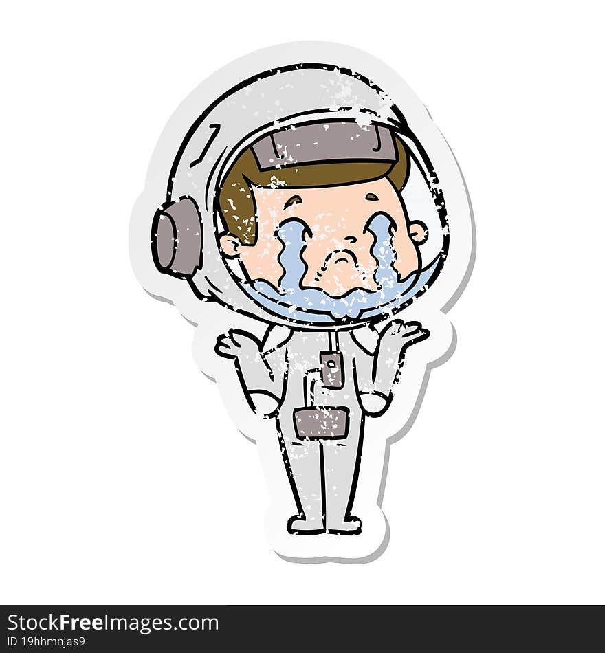 distressed sticker of a cartoon crying astronaut