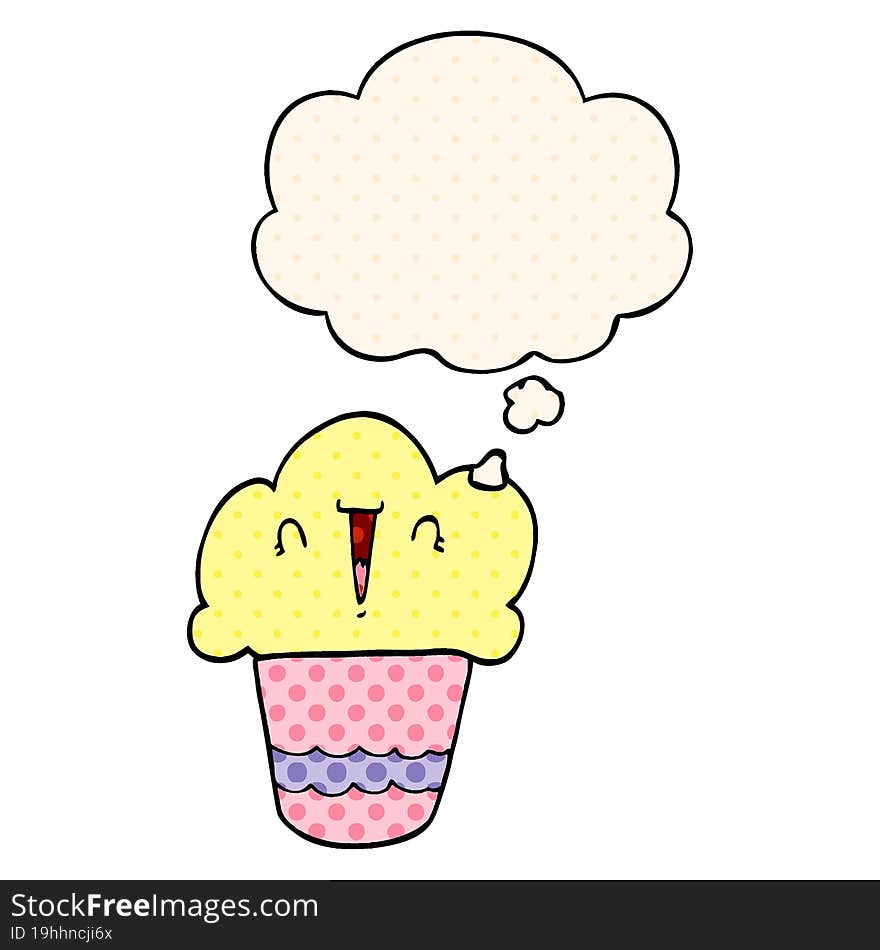 cartoon cupcake with face and thought bubble in comic book style