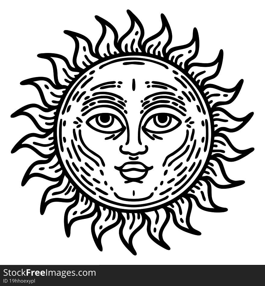 black line tattoo of a sun with face