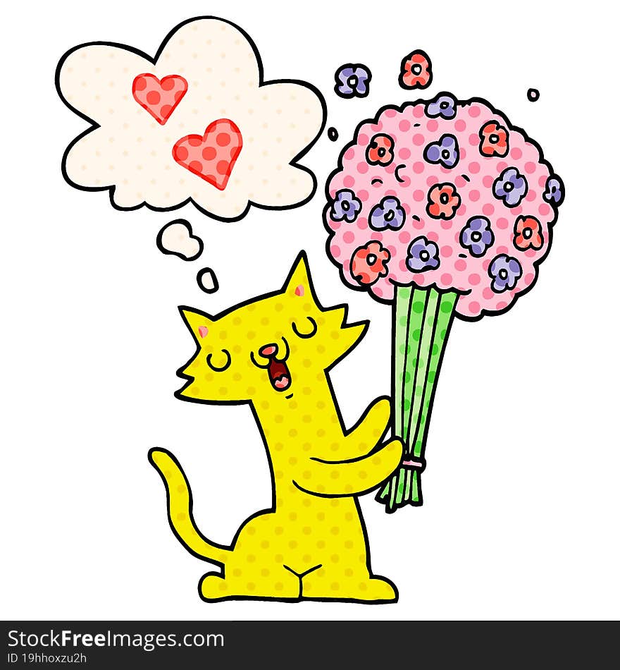 cartoon cat in love with flowers and thought bubble in comic book style