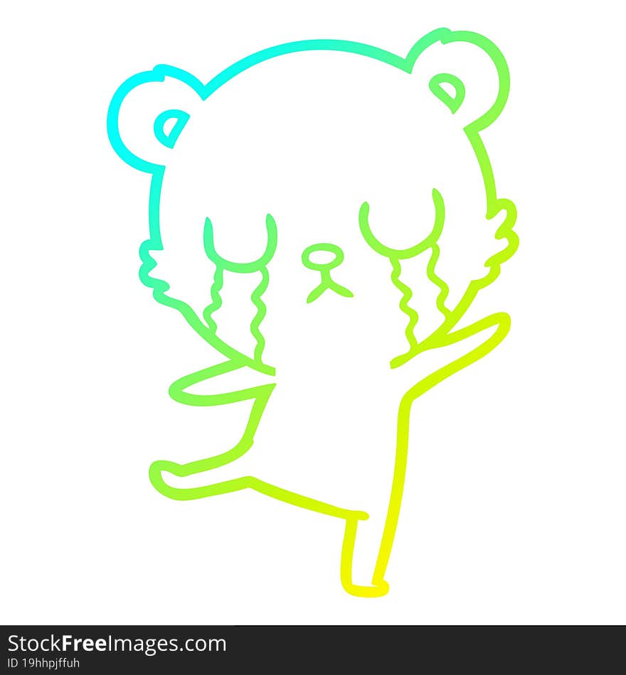 cold gradient line drawing of a crying cartoon bear doing a sad dance