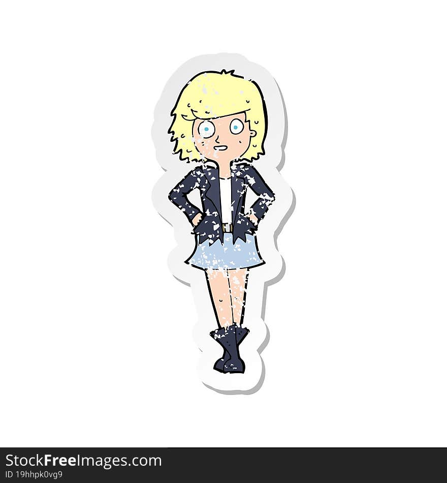 retro distressed sticker of a cartoon girl in jacket