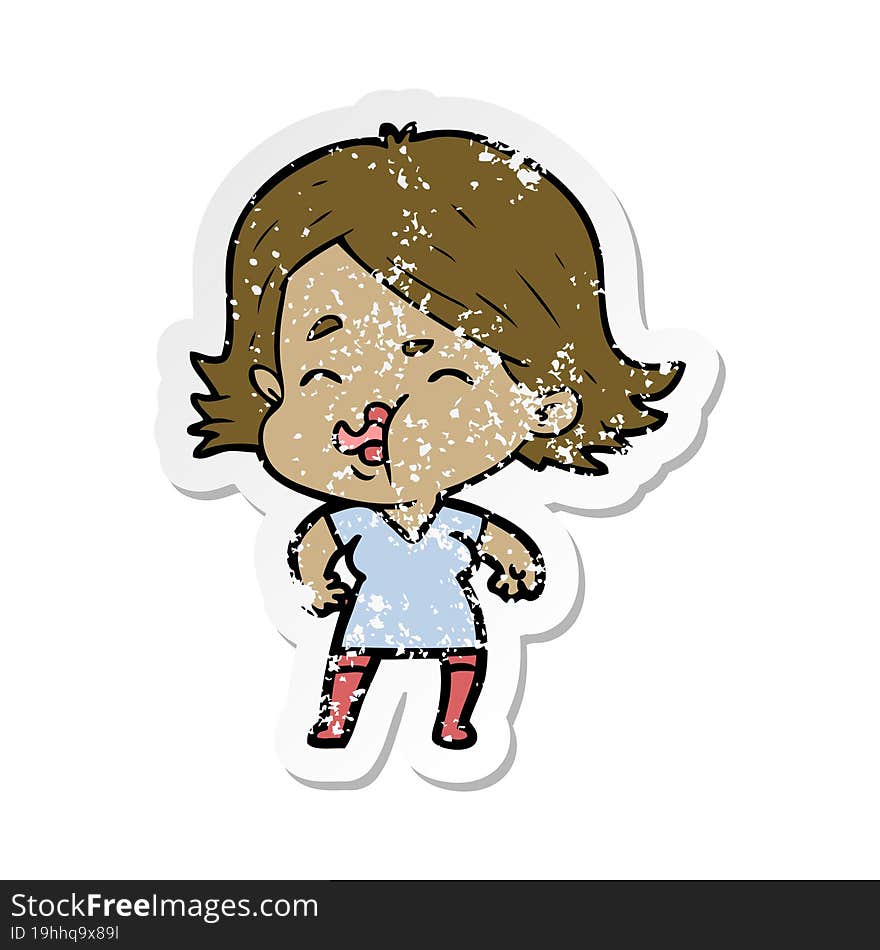 distressed sticker of a cartoon girl pulling face