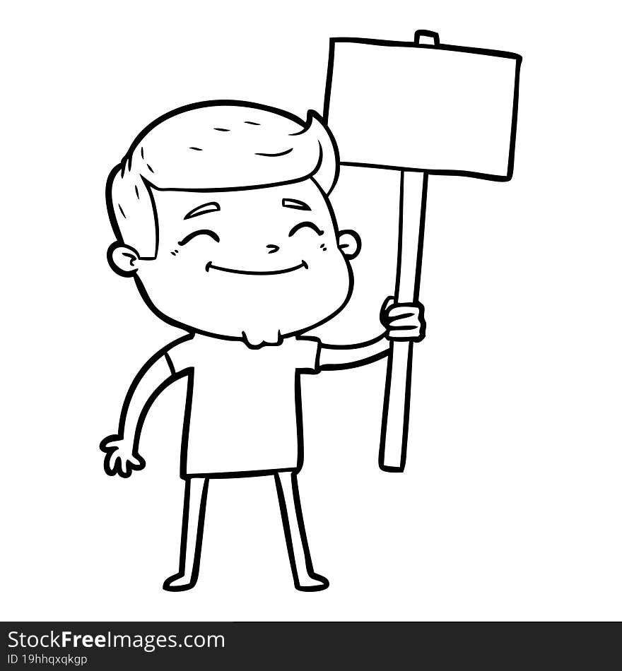 happy cartoon man with placard. happy cartoon man with placard