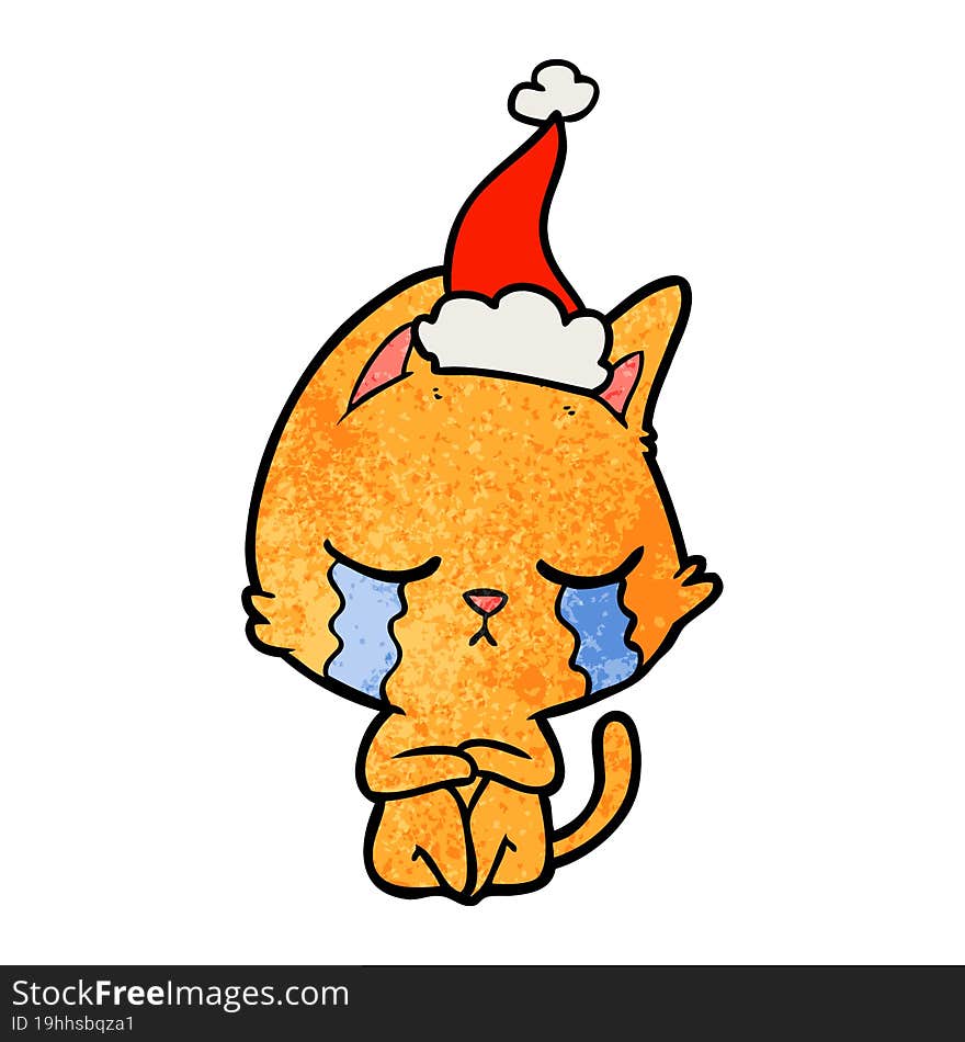 crying textured cartoon of a cat sitting wearing santa hat