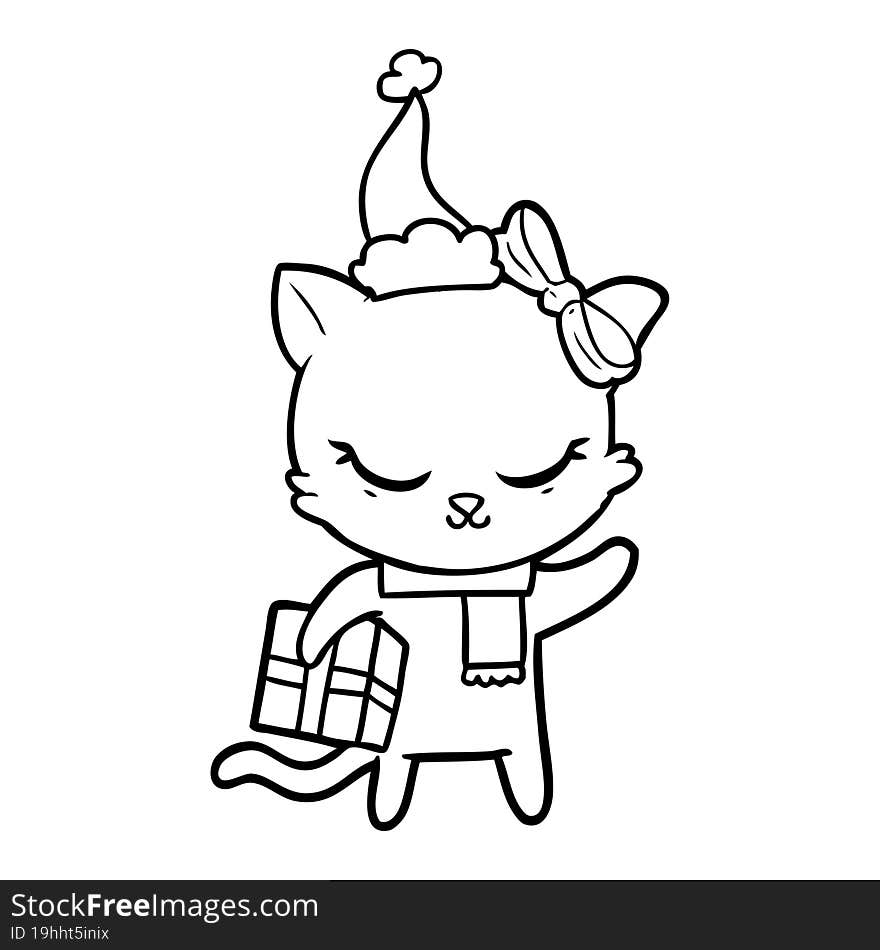 cute line drawing of a cat with present wearing santa hat