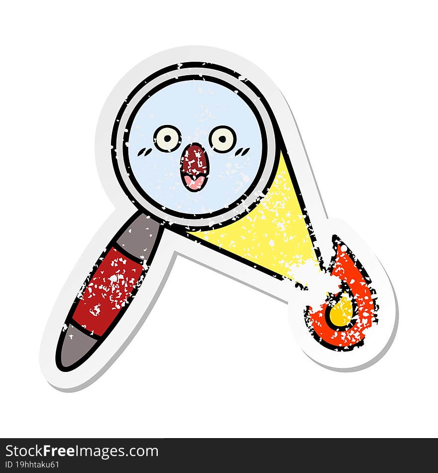 distressed sticker of a cute cartoon magnifying glass