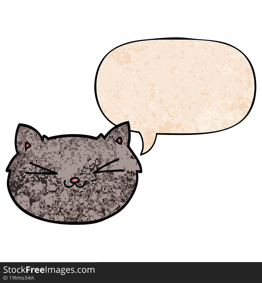 happy cartoon cat and speech bubble in retro texture style