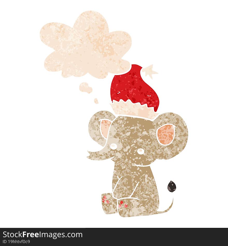 cute christmas elephant and thought bubble in retro textured style