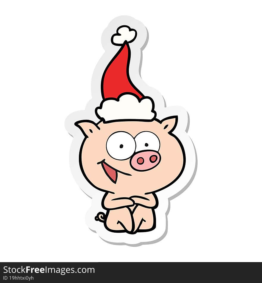 cheerful sitting pig sticker cartoon of a wearing santa hat