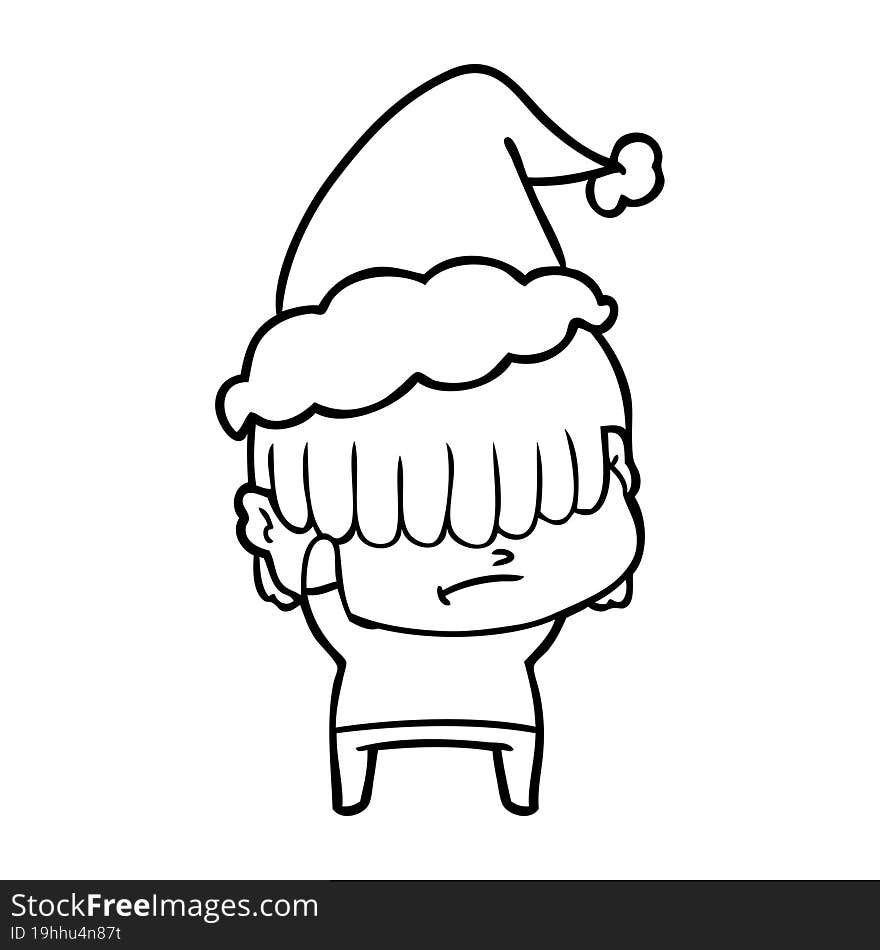 hand drawn line drawing of a boy with untidy hair wearing santa hat