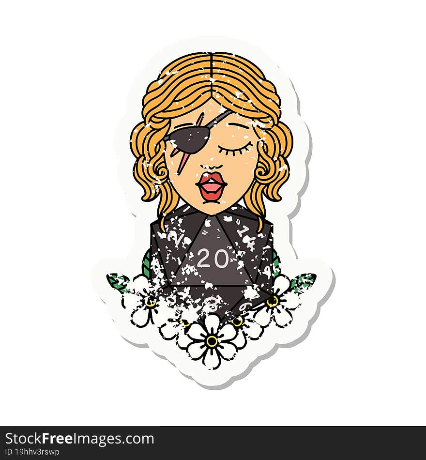 grunge sticker of a human rogue with natural twenty dice roll. grunge sticker of a human rogue with natural twenty dice roll