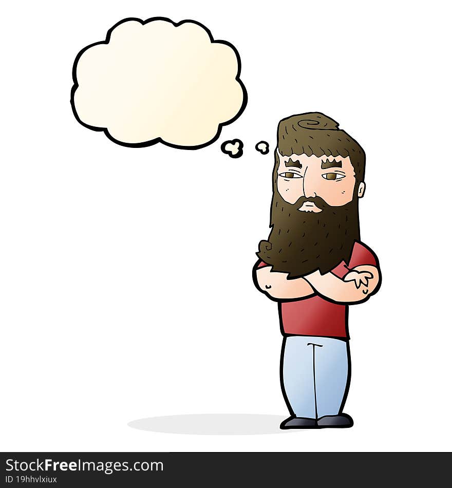 cartoon serious man with beard with thought bubble