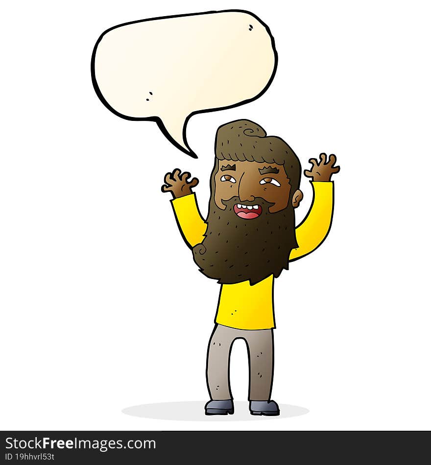 cartoon happy bearded man waving arms with speech bubble