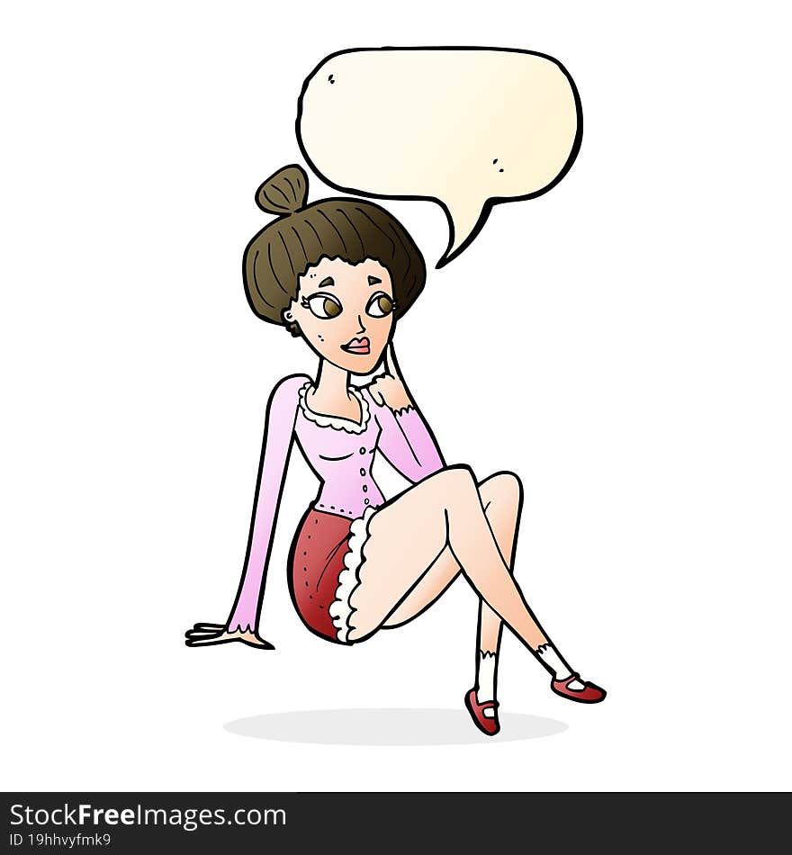 cartoon attractive woman sitting thinking with speech bubble